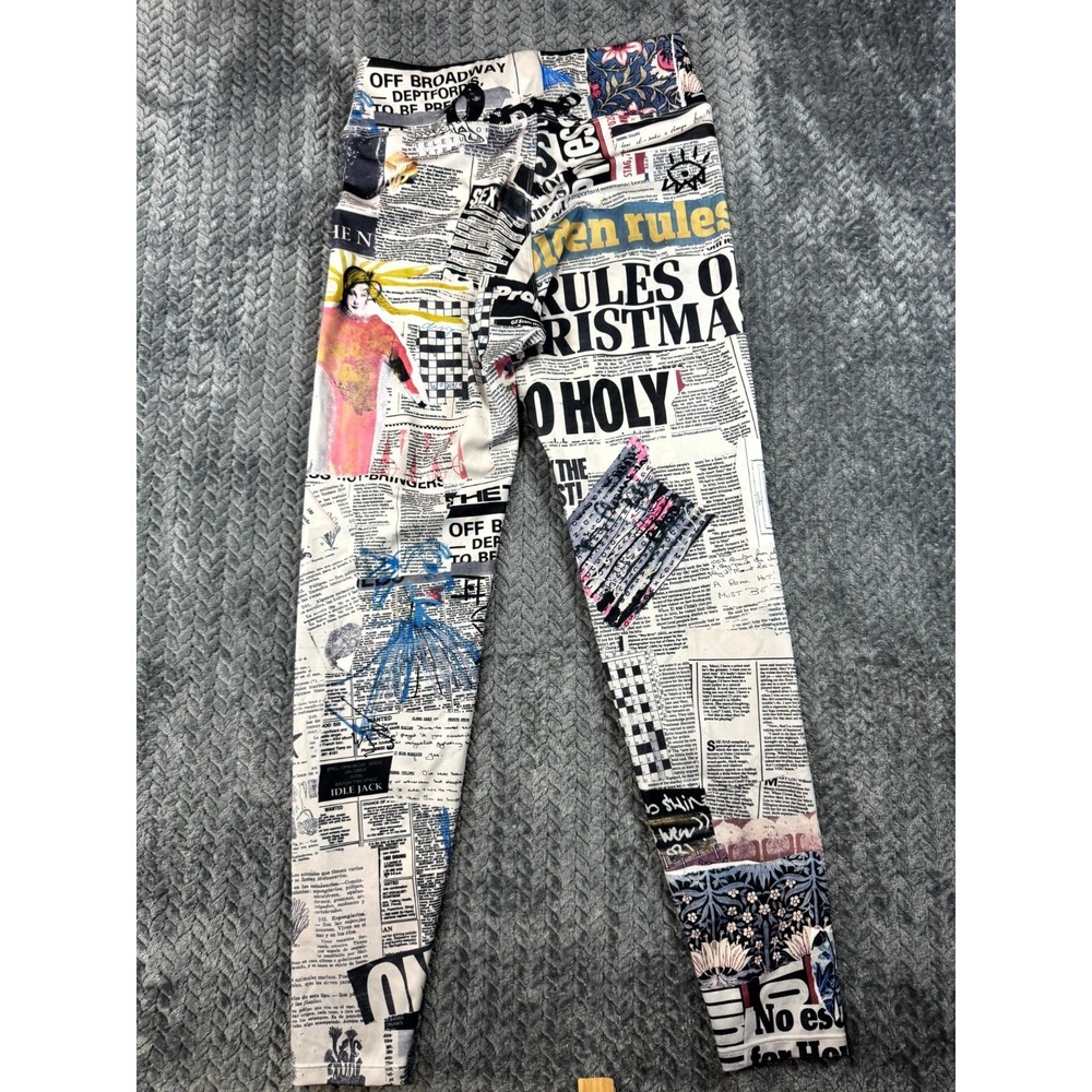 Womens Leggings 26x26 Multicolor High Waisted Newspaper Print Performance Sports - Picture 6 of 7